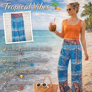 Casual Land Butterfly Paisley Print Boho Wide Leg Palazzo Pants Blue Pink‎ L